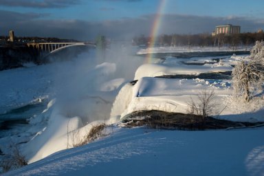 Bridal Veil Falls and American Falls in winter at Niagara Falls State Park