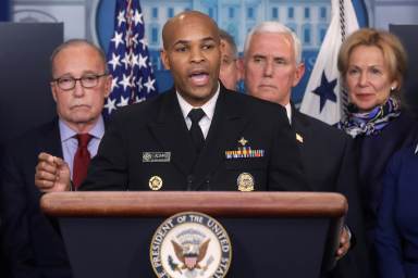 U.S. Surgeon General Adams addresses reporters during the daily Coronavirus Task Force news briefing at the White House in Washington