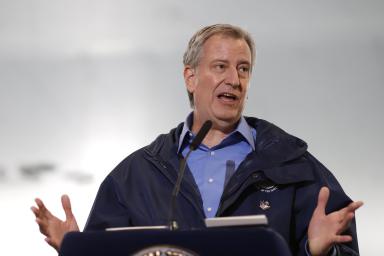 New York City Mayor Bill de Blasio speaks at USTA Tennis Center indoor facility where portion will be converted into temporary hospital during coronavirus outbreak in New York