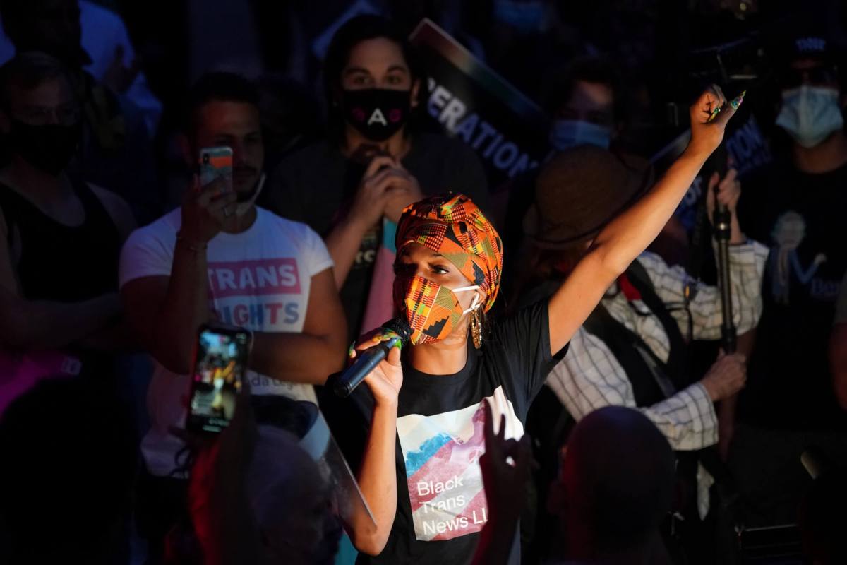 TS Candii of Black Trans News LLC speaks at a rally at the Stonewall Inn to support the Supreme Court decision to uphold LBGTQ+ workplace rights in New York