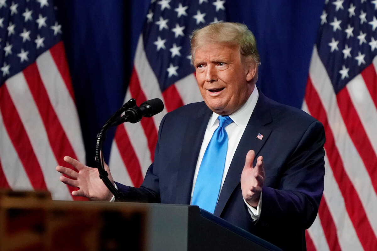 U.S. President Donald Trump speaks during the first day of the Republican National Convention, in Charlotte