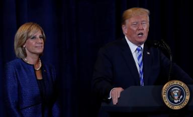 U.S. President Donald Trump delivers remarks during an event in support of candidate for congress Claudia Tenney in Rome, New York, U.S.