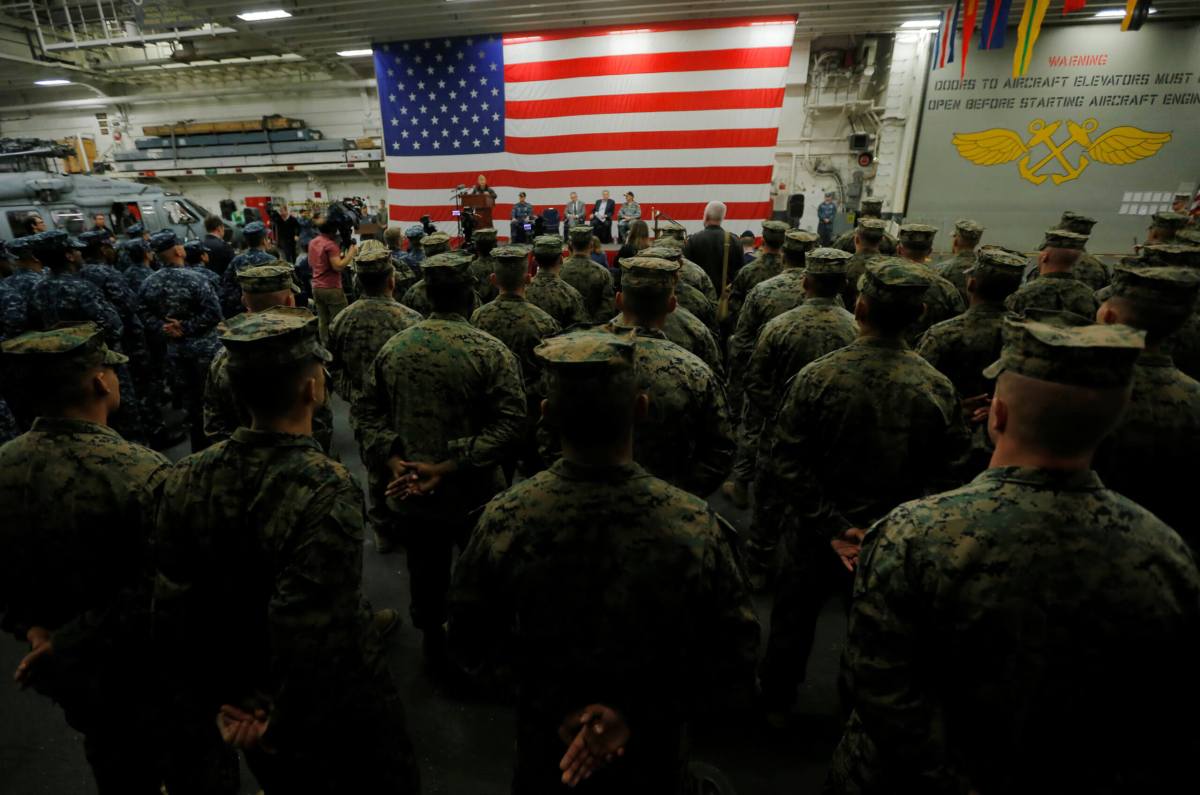 U.S. Navy Admiral Harris speaks in front of Marine  at a ceremony marking the start of Talisman Saber 2017 off the coast of Sydney