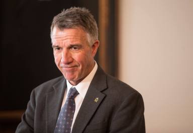 Vermont governor Phil Scott speaks to the press in his offices at the State Legislature in Montpelier