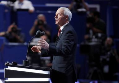 FILE PHOTO: Arkansas’ governor, Hutchinson, pictured speaking in 2016