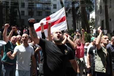 Anti-LGBT protesters take part in a rally ahead of the planned March for Dignity during Pride Week in Tbilisi