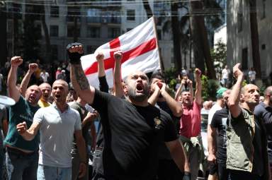 Anti-LGBT protesters take part in a rally ahead of the planned March for Dignity during Pride Week in Tbilisi