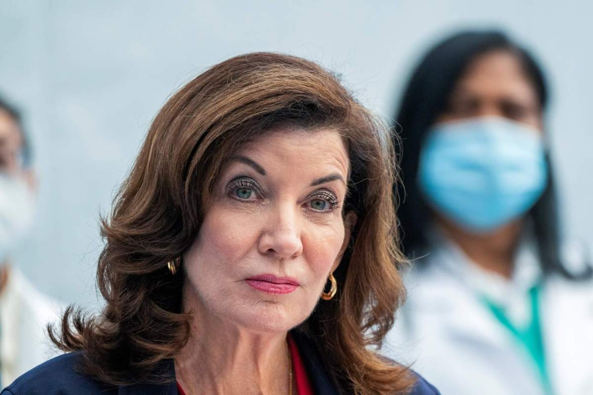 New York State Governor Kathy Hochul holds a news conference about the mandate of the coronavirus disease (COVID-19) vaccination for healthcare workers in New York