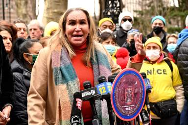 Activist Cecilia Gentili speaks at a 2022 demonstration condemning the Adams administration over anti-LGBTQ appoontees.