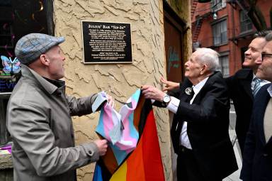 Andrew Berman, Randy Wicker, Ken Lustbader, and Brad Hoylman unveil a plaque at Julius'