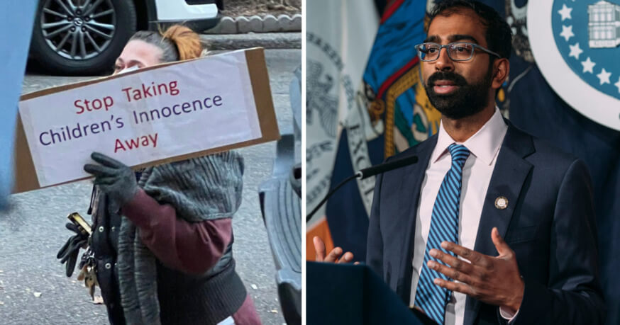 Queens Councimember Shekar Krishnan is pictured alongside group of protesters who demonstrated against drag story hour.