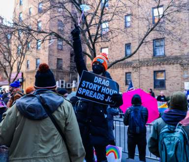 Supporters of Drag Stour hour outside of the event in Jackson Heights.