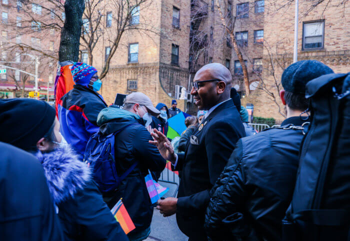 Queens Borough President Donovan Richards greets constituents outside of Drag Story Hour. 