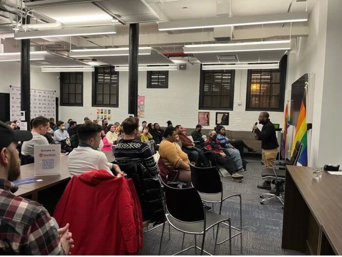 Attendees watch a screening of "Gay, Black, and Blue: Raid on Blues Bar" at the Brooklyn Community Pride Center on February 1.