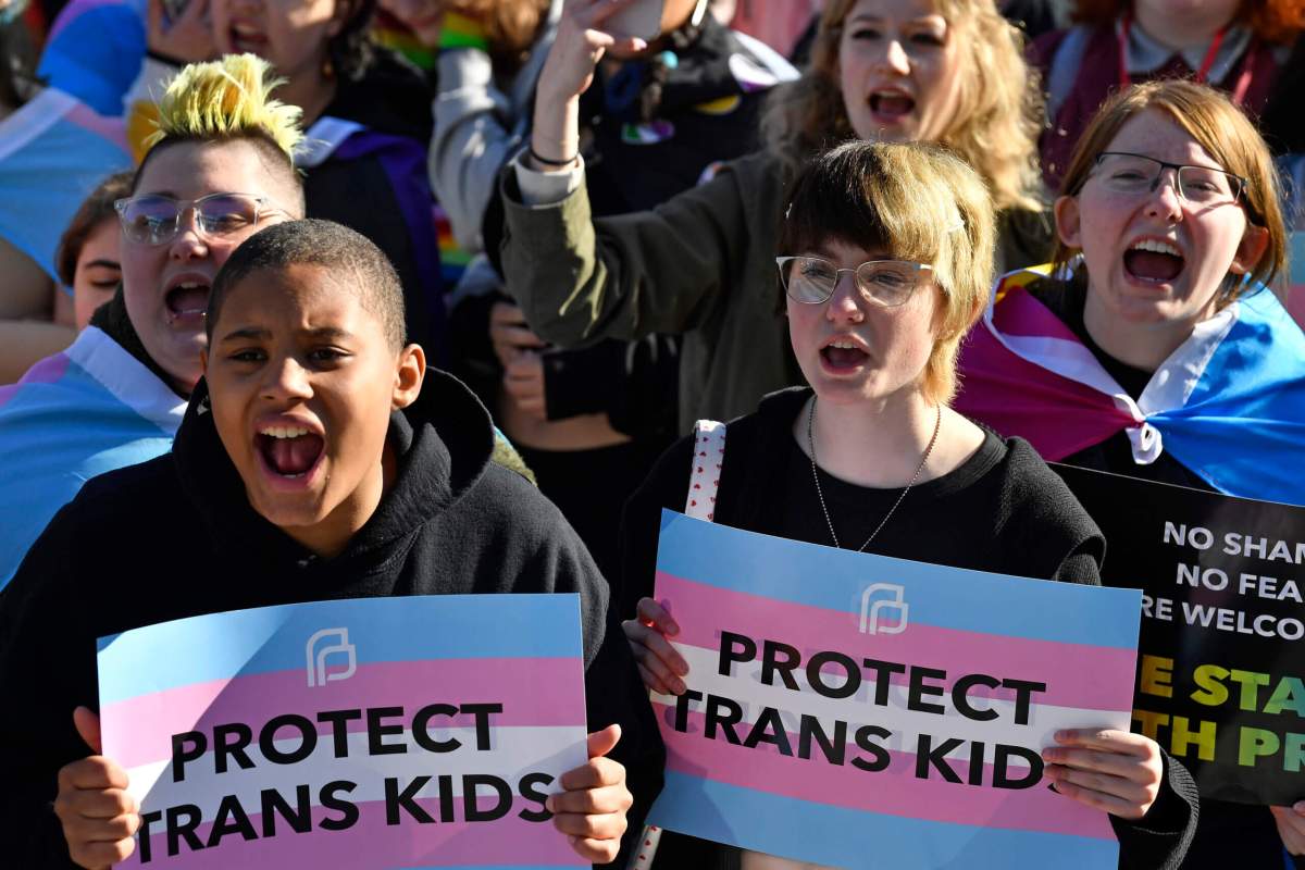 Protesters of Kentucky Senate bill SB150, known as the Transgender Health Bill, cheer on speakers during a rally on the lawn of the Kentucky State Capitol in Frankfort, Ky., Wednesday, March 29, 2023.