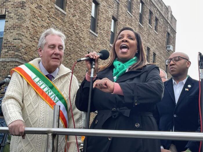 State Attorney General Letitia James speaks alongside former Councilmember Daniel Dromm (left) and Queens Borough President Donovan Richards.