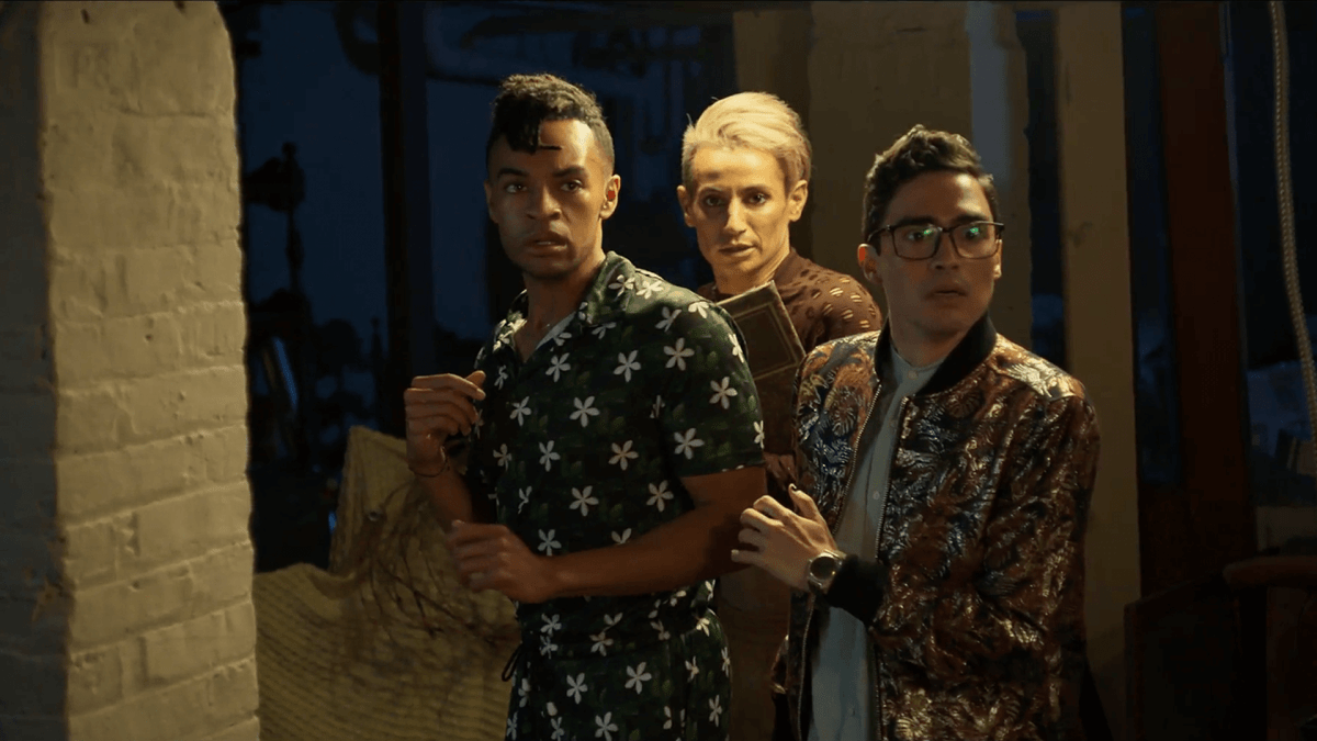 Noah J. Ricketts (Kevin), Frankie Grande (Nico), and Troy Iwata (Reggie) in "Summoning Sylvia," available for streaming April 7.