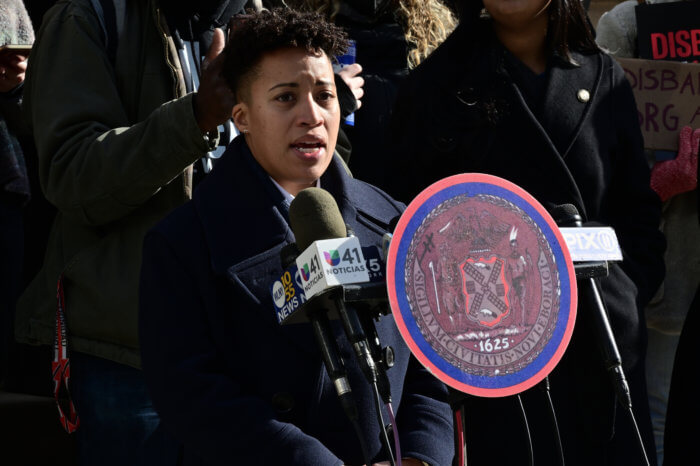 Out Brooklyn Councilmember Crystal Hudson speaks at the pre-hearing rally.