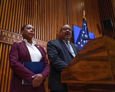 Manhattan District Attorney Alvin Bragg and then-Police Commissioner Keechant Sewell at a 2023 press conference about deadly robberies targeting gay men.