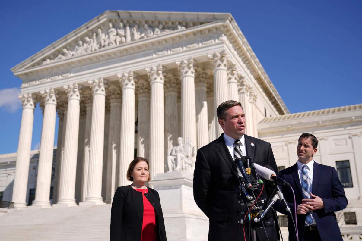 \Missouri Attorney General Andrew Bailey speaks with reporters outside the Supreme Court on Capitol Hill in Washington, on Feb. 28, 2023.