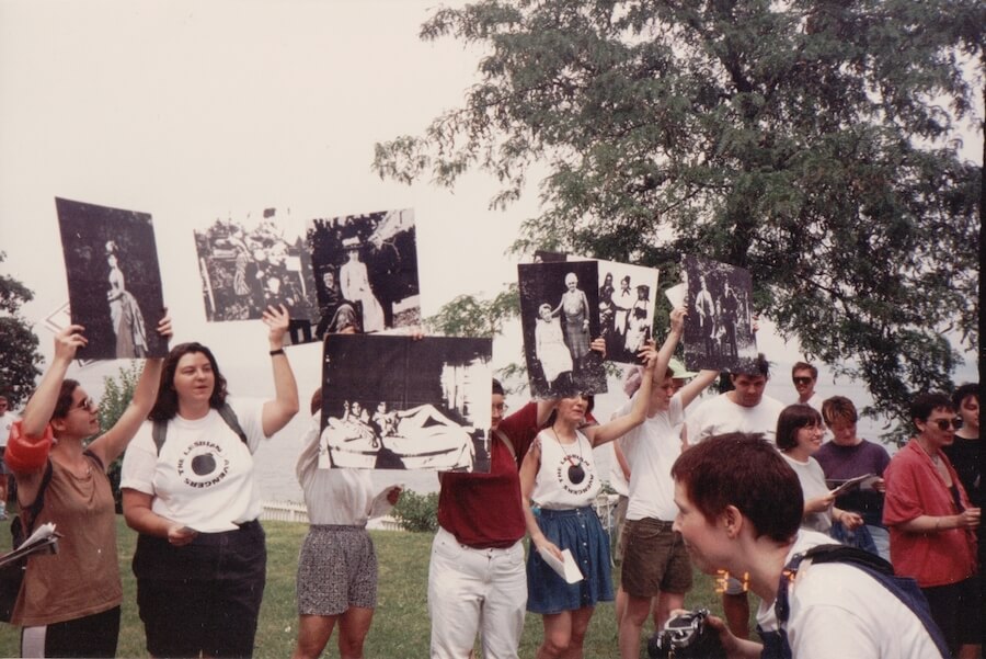 Lesbian Avengers at the Alice Austen Action demonstrating for the museum to recognize early 20th century photographer Alice Austin’s 30-year relationship Gertrude Tate in front of the Alice Austin House on Staten Island in 1994.