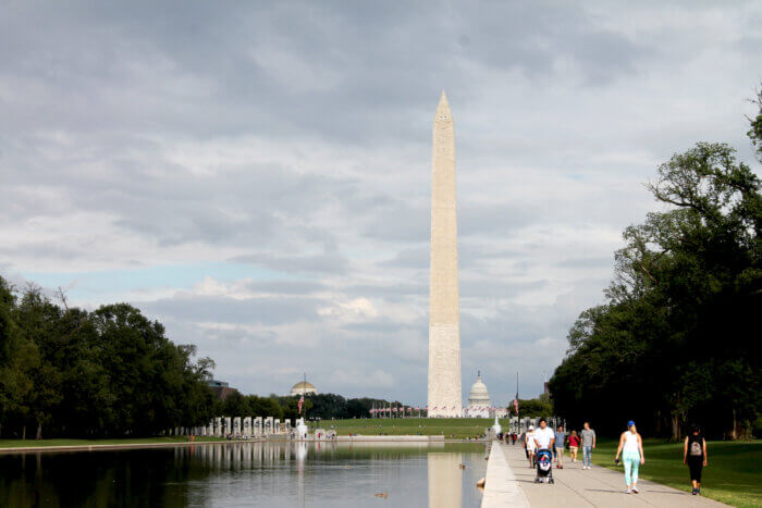 A view of the Washington Monument from the Lincoln Memorial in Washington, DC.