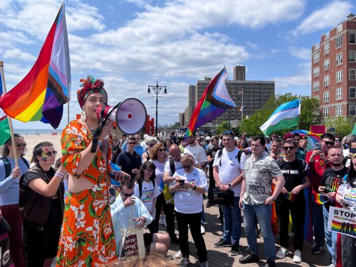 Kicking off the post-march rally on the Riegelmann Boardwalk.