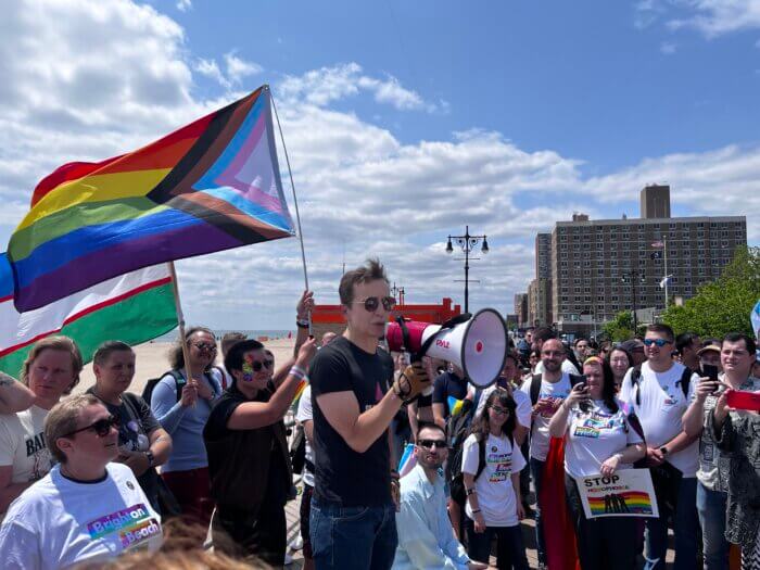 Masha Gessen delivers remarks during the post-march rally.