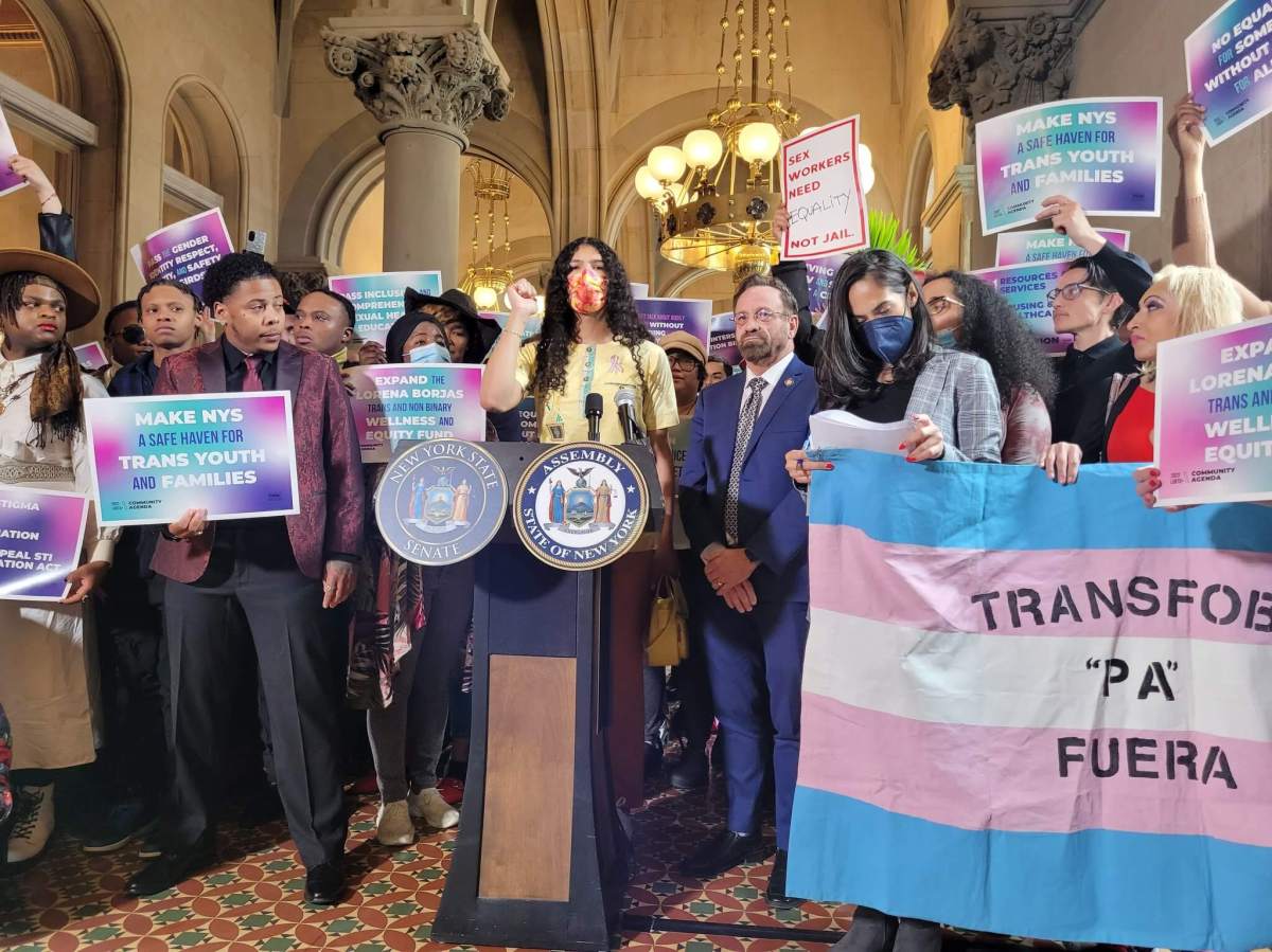 Shéár Avory of the New Pride Agenda delivers remarks during a rally in Albany on April 25.