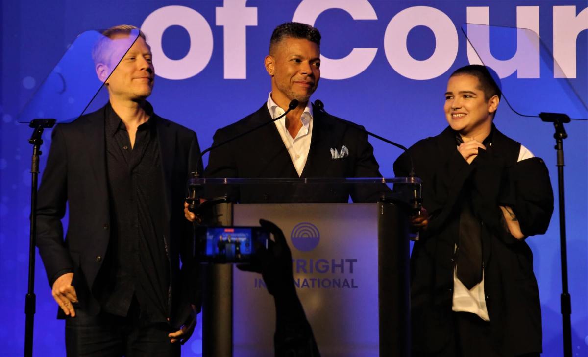 Anthony Rapp, Wilson Cruz, and Blu Del Barrio of "Star Trek: Discovery" receive the Outspoken Award during the Outright International Courage Awards on June 5, 2023.