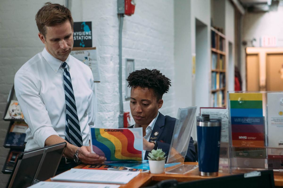 LGBTQIA+ Caucus member Erik Bottcher of Manhattan (left) and LGBTQIA+ Caucus co-chair Crystal Hudson of Brooklyn (right) at the LGBT Community Center last year.