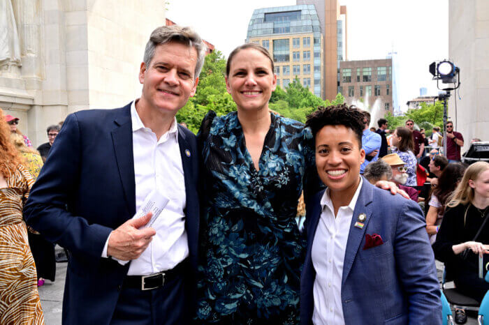 State Seantor Brad Hoylman-Sigal of Manhattan, LGBT Community Center executive director Glennda Testone, and Councilmember Crystal Hudson of Brooklyn.