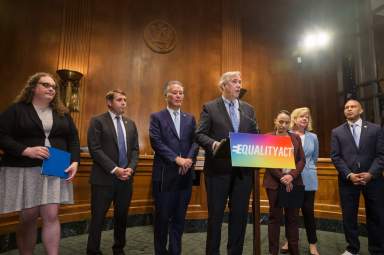 Senator Jeff Merkley of Oregon leads a press conference announcing the reintroduction of the Equality Act on June 21.