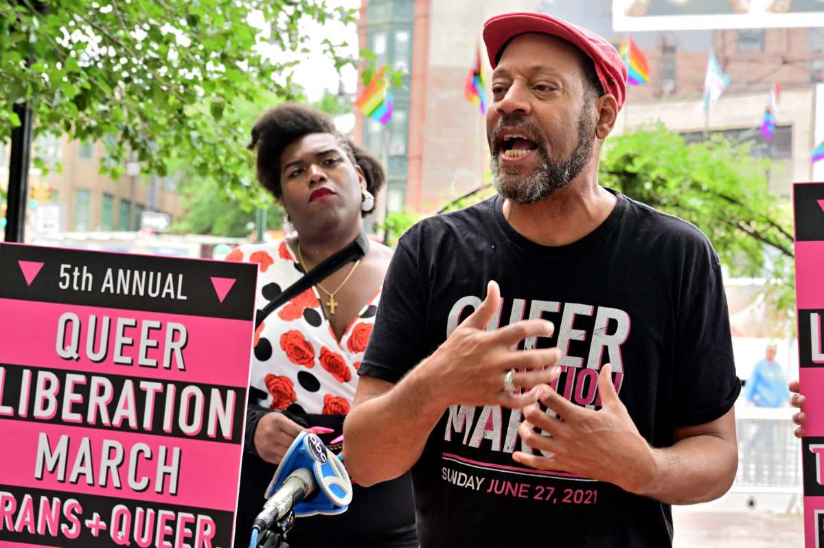Jay W. Walker delivers remarks at the Reclaim Pride Coalition's press conference on June 21, 2023