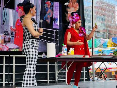 Suzy Wong shares her recipe for prik nam pla, Thai chili fish sauce. As fellow drag artist Pattaya Hart looks on.