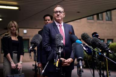 Actor Kevin Spacey addresses the media outside Southwark Crown Court in London, Wednesday, July 26, 2023.