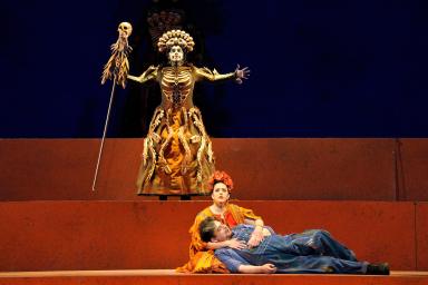 Yaritza Véliz (Catrina), Daniela Mack (Frida Kahl), and Alfredo Daza (Diego Rivera) in San Francisco Opera's new work by Gabriela Lena Frank.