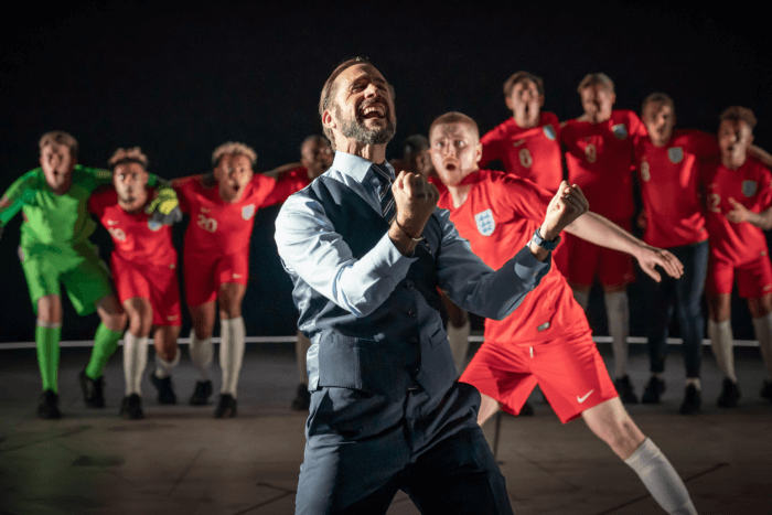 Joseph Fiennes as football coach Gareth Southgate in "Dear England" at the National Theatre. 