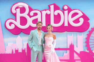 Ryan Gosling, left, and Margot Robbie pose for photographers upon arrival at the premiere of the film 'Barbie' on July 12, 2023, in London.