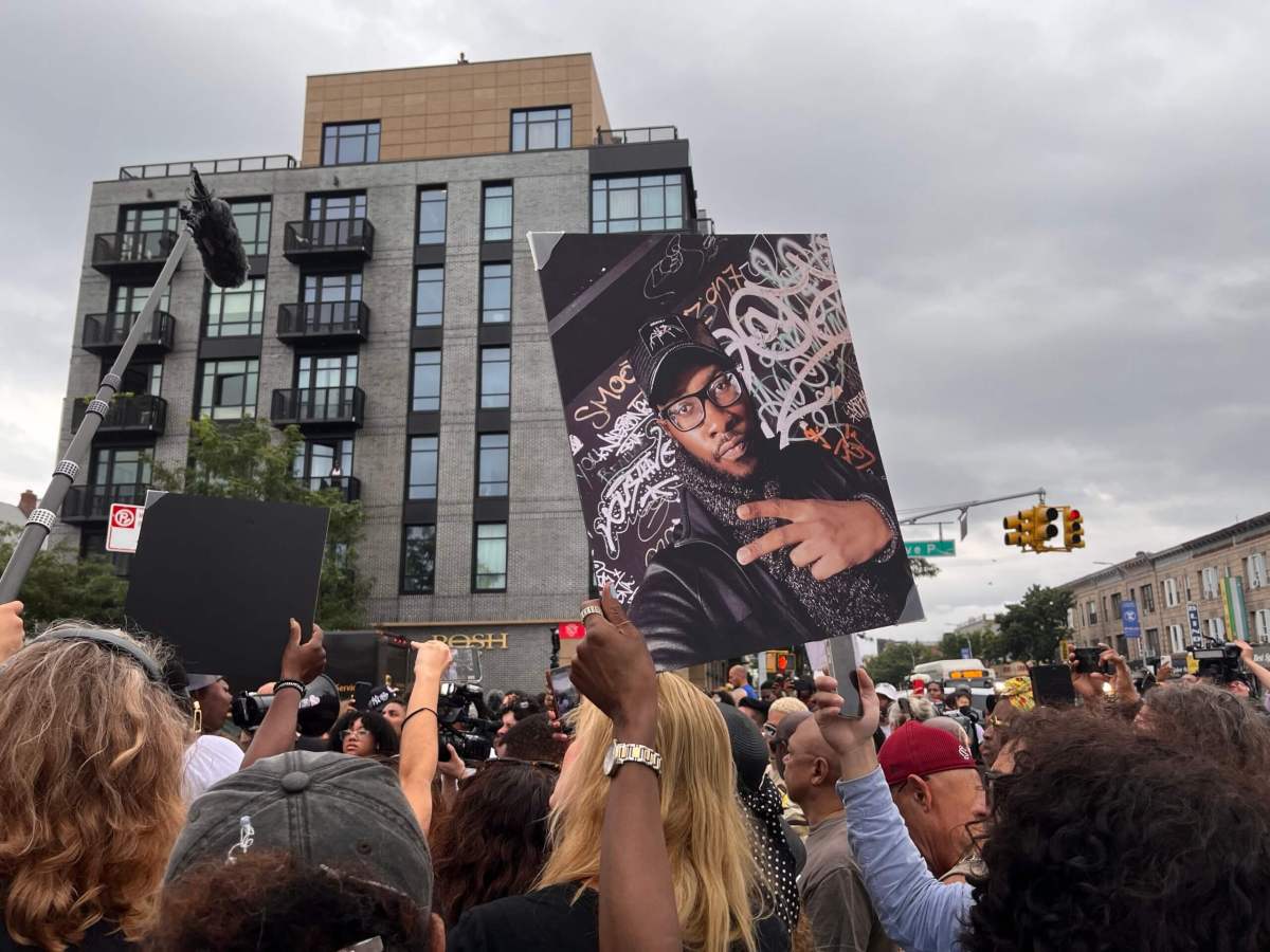 A picture shows the late O'Shae Sibley during a demonstration in Brooklyn after he was killed there in an alleged anti-LGBTQ attack.