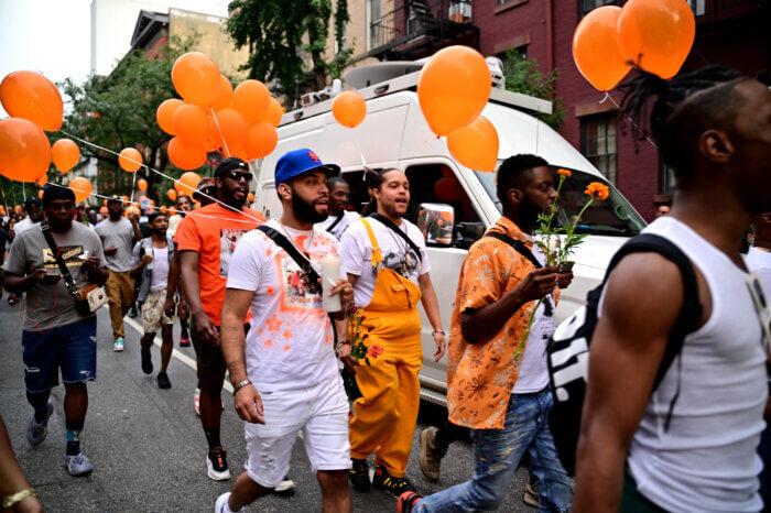 Marching to the pier.