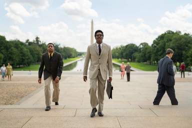 This image released by Netflix shows Jeffrey Mackenzie Jordan, left, and Colman Domingo as Bayard Rustin in a scene from "Rustin."