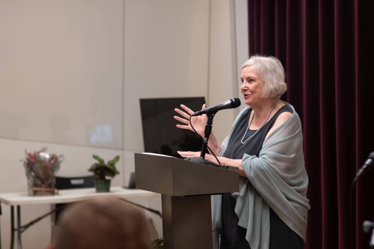 Donna Smith, Barbara Love's wife, speaks during the memorial at the LGBT Community Center.