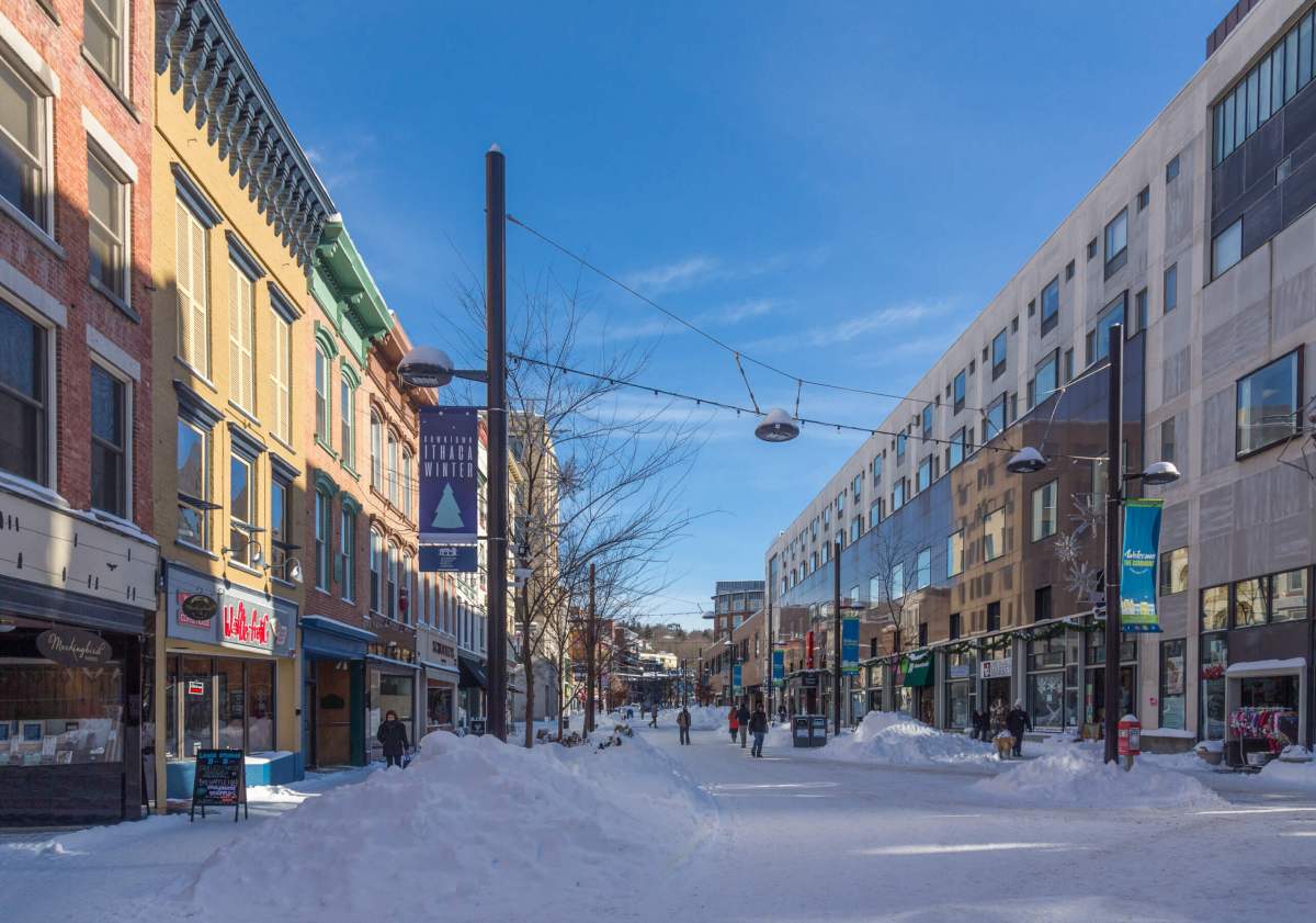 Downtown Ithaca, known as the Ithaca Commons, during winter.