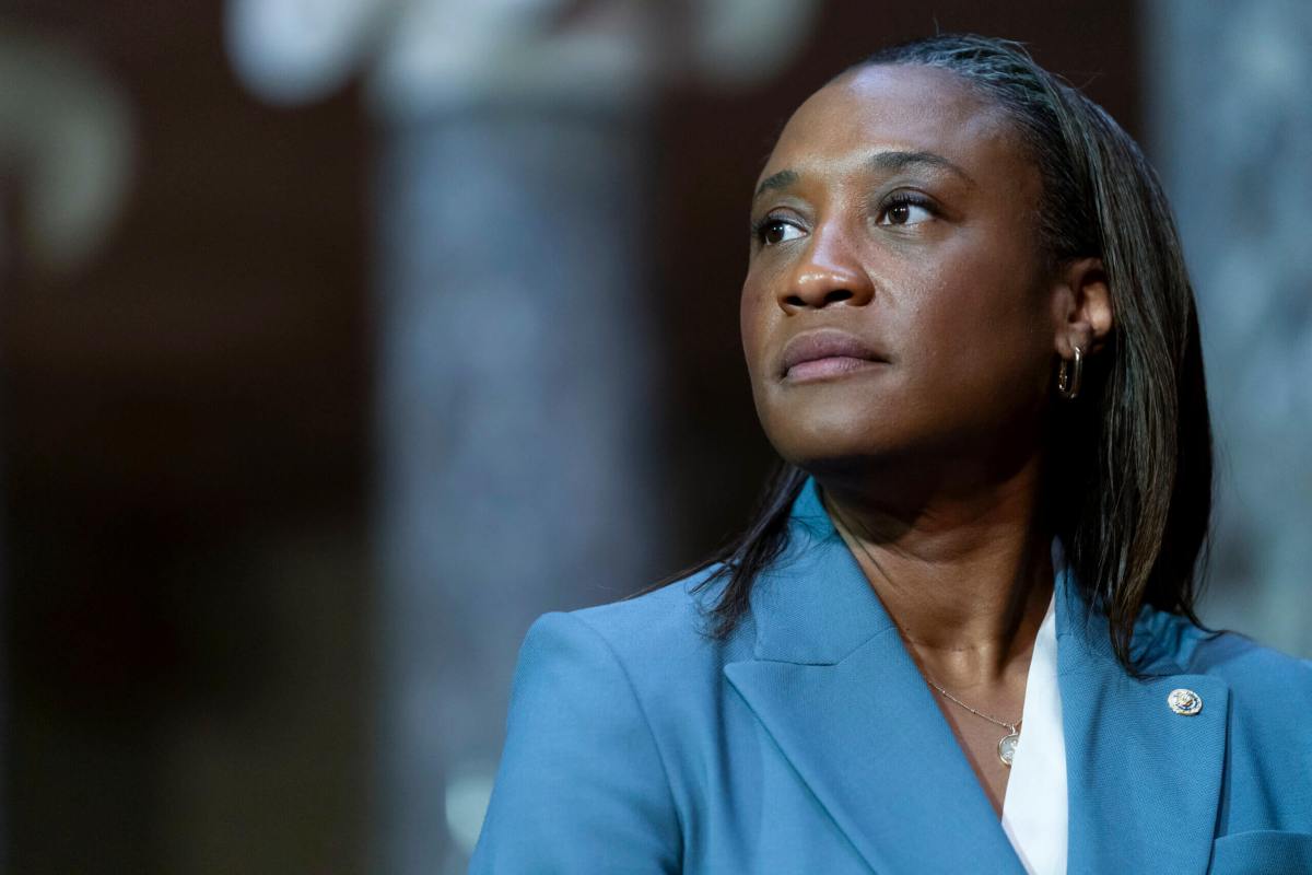 Laphonza Butler, D-Calif., is seen during a re-enactment of her swearing-in ceremony to the Senate to succeed the late Sen. Dianne Feinstein on Tuesday, Oct. 3, 2023, on Capitol Hill in Washington.