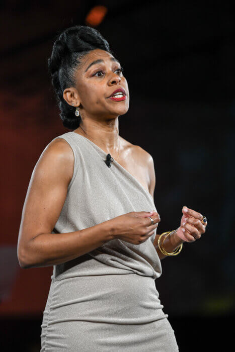 Task Force executive director Kierra Johnson speaking to more than 700 attendees at the 50th anniversary gala for the organization in Miami on October 14, 2023.