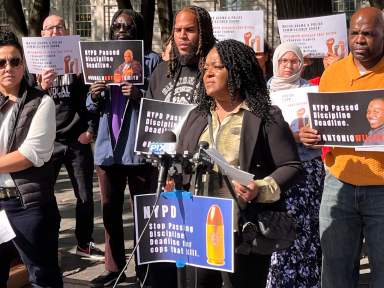 Ellen Trawick, the mother of Kawaski Trawick, speaks at a press conference in lower Manhattan on Oct. 12.