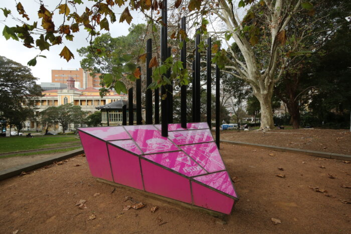 A pink glass triangle serves as the Sydney Gay and Lesbian Holocaust Memorial in Green Park, in the Darlinghurst neighborhood, Sydney’s main gay district. The memorial is near the Sydney Jewish Museum and visible in the background are St. Vincent’s Hospital, important during the HIV/AIDS epidemic, and the temporary QTopia museum. 