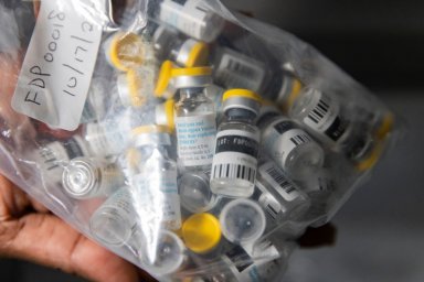 Vials of single doses of the Jynneos vaccine for mpox are seen from a cooler at a vaccinations site on Aug. 29, 2022, in Brooklyn.