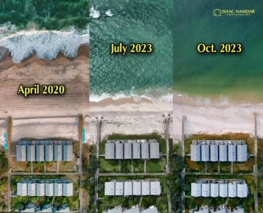 The beach along Fire Island in The Pines has eroded significantly since April 2020.